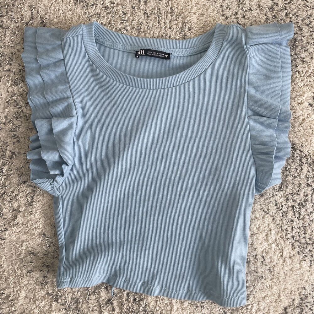 Zara Light Blue Ribbed Crop Top Ruffle Sleeves Size Small